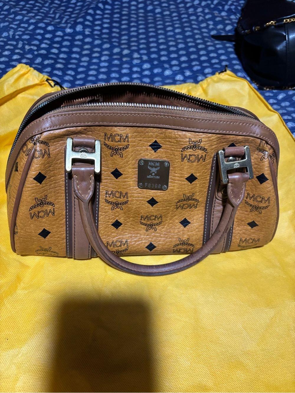 MCM Cognac Monogram Leather Satchel with Gold Hardware